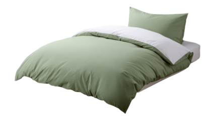 Sage green duvet cover and matching pillow with a white inner edge, creating a clean and comfortable bedding set for a bedroom interior on a transparent background
