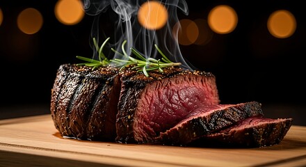 Grilled steak on wooden board with rosemary sliced and smoked on dark background with warm bokeh lights close up