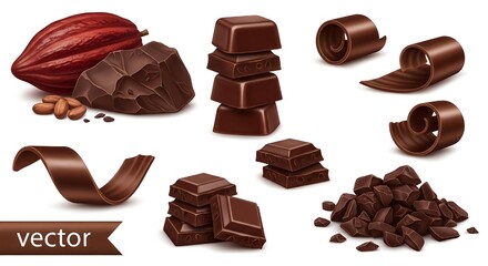 Assorted chocolate pieces and cocoa pods on white background vector illustration of chocolate chunks bars and curls with cocoa beans and pods sweet treats for baking and cooking