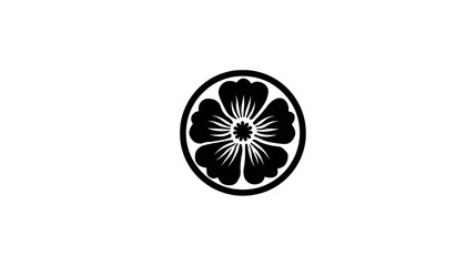 A stark, minimalist depiction of a symmetrical flower within a circular frame against a white background