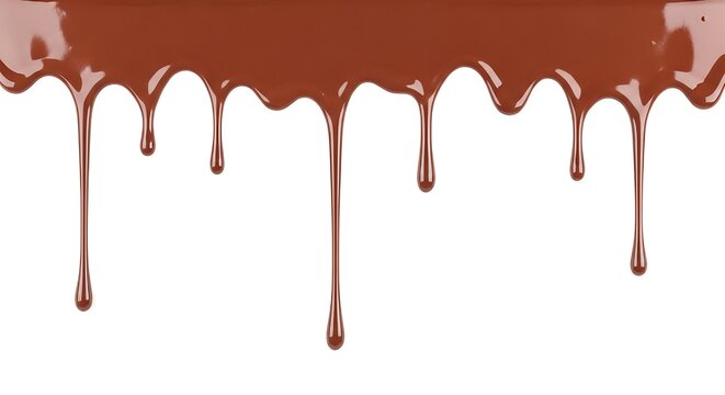 Chocolate dripping down against white background melted brown liquid droplets falling dessert topping or decoration