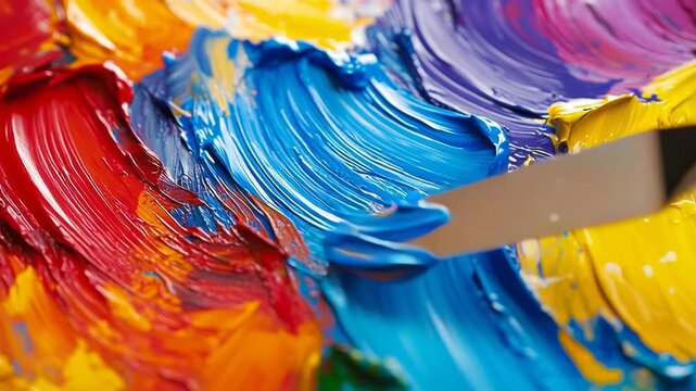 Close-up of vibrant oil paints being mixed with a palette knife on a canvas