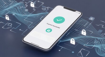 Digital Payments Trust Assurance concept. Digital payment confirmation on a smartphone with secure connections and lock symbols.