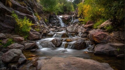 Serene Waterfall Cascading Over Rocky Terrain Surrounded by Vibrant Greenery and Autumn Foliage in a Peaceful Natural Landscape