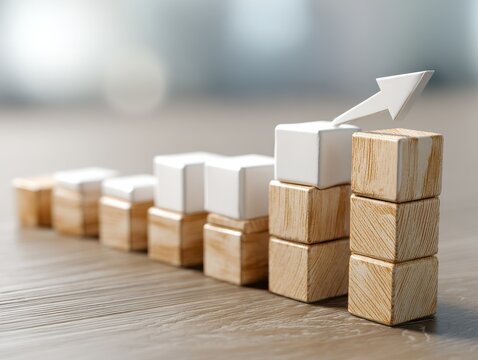 a row of wooden blocks with numbers arranged as ascending levels with a white arrow indicating advancement and development - Powered by Adobe