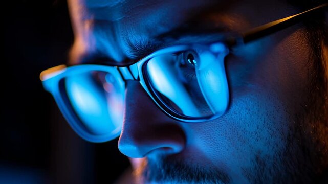 Close-up of a man wearing glasses with blue and orange light reflections on the lenses