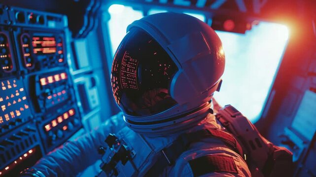 Astronaut in spaceship cockpit with glowing control panel and reflection in helmet