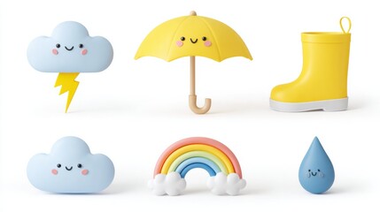 Set of cute weather icons including yellow umbrella, rain boots, clouds, rainbow, and raindrop, designed in a playful, cartoonish style suitable for children's themes