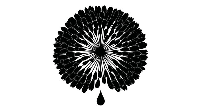 A black and white stylized illustration of a dandelion with a single teardrop at its base