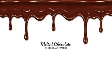 Rich melted chocolate drips down on white background with smooth glossy texture and warm lighting