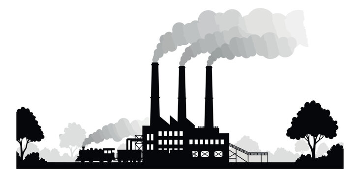 Graphic silhouette illustration of an industrial factory depicting smoke emission for environmental awareness
