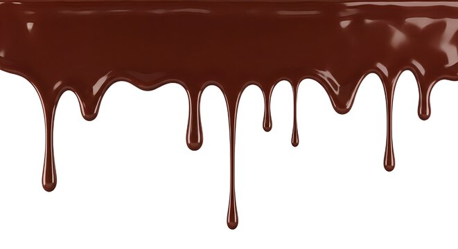 Chocolate drips falling against white background melted brown liquid flowing down smooth glossy texture dessert ingredient sweet treat culinary concept food design element isolated