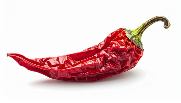 Single dried red chili pepper with wrinkled texture and curved stem on white background