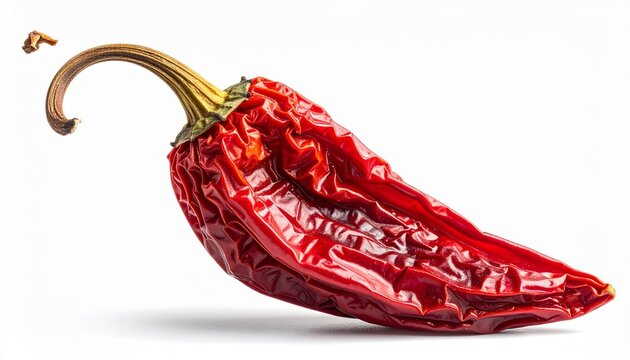 Single dried red chili pepper with wrinkled texture and curved stem on white background