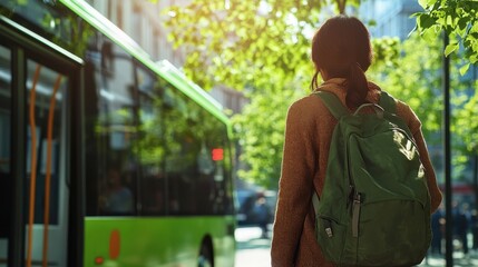 Young multiracial woman boarding modern electric city bus at urban stop, sustainable transport accessibility eco mobility transition and contemporary public transportation development