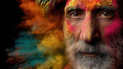 Older indian man covered in bright Holi pigments, gulal clouds