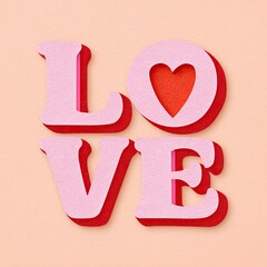 Valentine themed retro typography illustration featuring the word LOVE with a heart symbol, set against a soft peach background, showcasing layered paper textures and vibrant colors