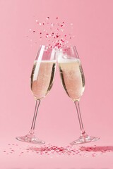 Two champagne flutes clinking at an angle with sparkling bubbles and confetti on a pink background, ideal for celebrations and festive occasions