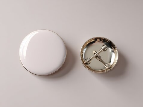 two circular enamel lapel pins one with a glossy white finish and the other featuring a shiny metal back and pin closure arranged on a sleek neutral surface