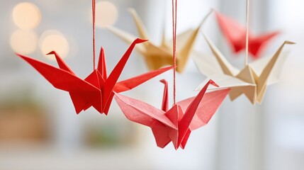 Colorful origami paper cranes in red, white, and gold hanging from strings against a blurred background, creating a decorative display in a soft-lit interior space