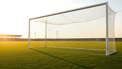 Close-up of a soccer goal on green field bathed in golden sunlight at a stadium