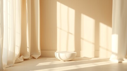 Soft Beige Curtains with Warm Morning Sunlight Casting Gentle Shadows on White Round Cushion