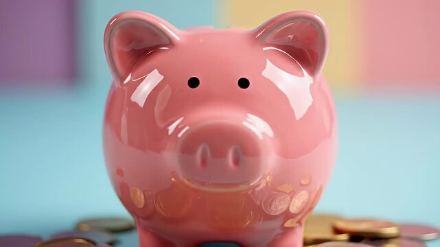 A close-up shot of a traditional pink ceramic piggy bank with various coins scattered around its base, set against a soft pastel background.