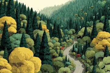 A book cover with a road in the middle of the forest