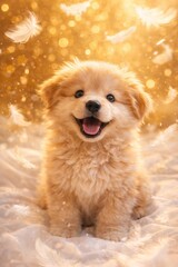 Happy fluffy puppy sitting on soft blanket with golden background  