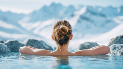 Woman relaxing in natural hot spring pool surrounded by rocky formations and snow-capped mountains under a clear blue sky in a serene outdoor setting