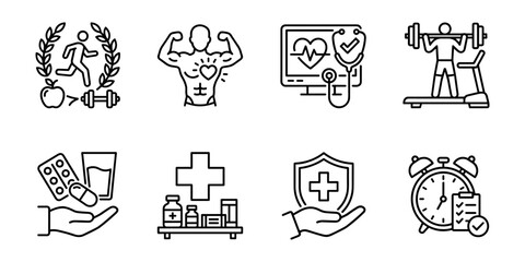 Fitness health and medicine line icons set, training monitoring pharmacy insurance schedule