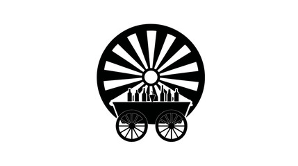 Fototapeta premium A black and white illustration of a wagon filled with bottles under a sunburst background