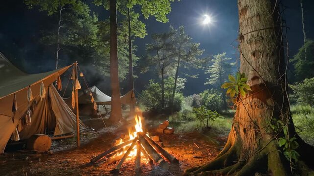Embracing Nature's Embrace: A peaceful campsite glows with the warmth of a crackling bonfire, as a full moon illuminates the enchanting landscape of trees in the tranquil, hushed night.