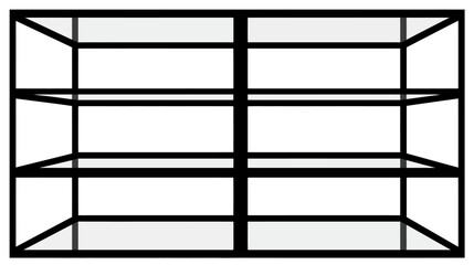 A geometric illustration of a multi-tiered open shelf unit with a simple design and clean lines