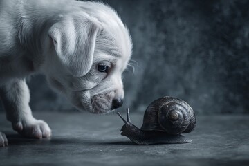 Puppy staring curiously at a snail on a textured surface  