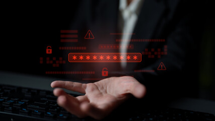 Naklejka premium Password security breach warning with red asterisk box, cybersecurity alert, lock icons, and critical vulnerability signals in digital system access Latch