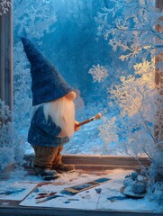 Winter gnome painting snowflakes by icy window in cozy atmosphere  