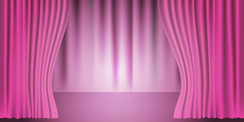 Purple velvet theatrical curtain opened to reveal stage scene Two bent curtains on sides Performance background suitable for theater posters, events, shows presentations banners concepts Copy space