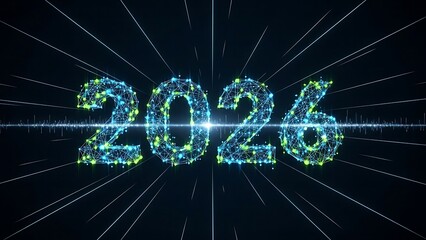 Glowing digital network structure forming the number 2026 flashes with bright light against a dark futuristic background illustration