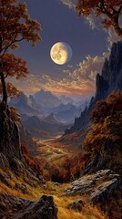 Autumn landscape with mountains and full moon illuminated night  