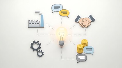 Conceptual business illustration showing light bulb at center with diverse connected icons