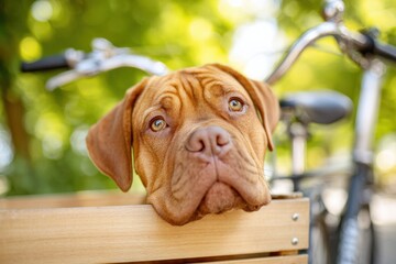 Wrinkly brown dog resting its head on a wooden cart, with a bicycle partially visible in a lush green outdoor setting
