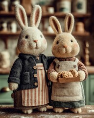 Cozy Easter Kitchen Scene with Plush Bunny Couple and Cookies