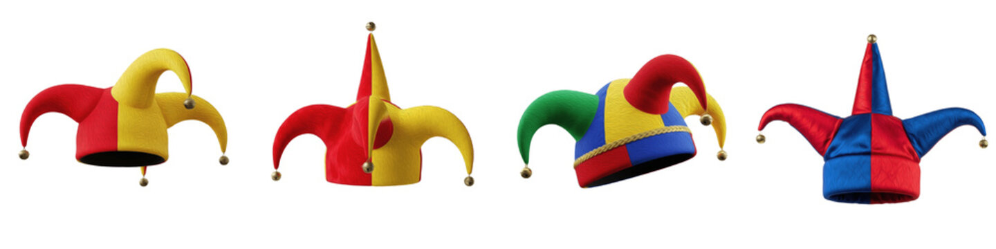 Realistic Jester Hat Collection Featuring Vibrant Multi-Colored Felt with Iconic Bells Isolated on White Background PNG Mockup for Festival and Costume Design