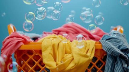 Laundry basket with colorful clothes and floating soap bubbles. Washing garments in slow motion. Freshness and cleanliness concept