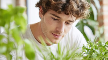 Young Caucasian man caring for houseplants in a bright indoor setting, surrounded by lush greenery and natural light filtering through windows