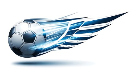 Digital illustration of a soccer ball with dynamic blue streaks, suggesting motion and speed