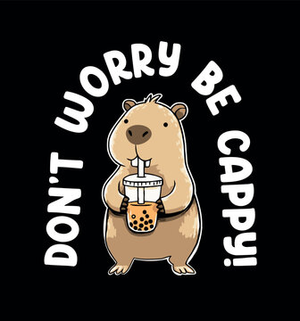 Cute cartoon capybara drink bubble tea. Vector illustration.Kawaii animal mascot.Adorable capybara characters in cartoon style.Cute t-shirt graphics for kids, printing for textiles and stationery.