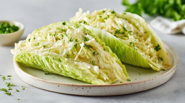 Cabbage tacos filled with shredded cabbage and garnished with cilantro on a simple ceramic plate, with a light gray background and additional herbs visible