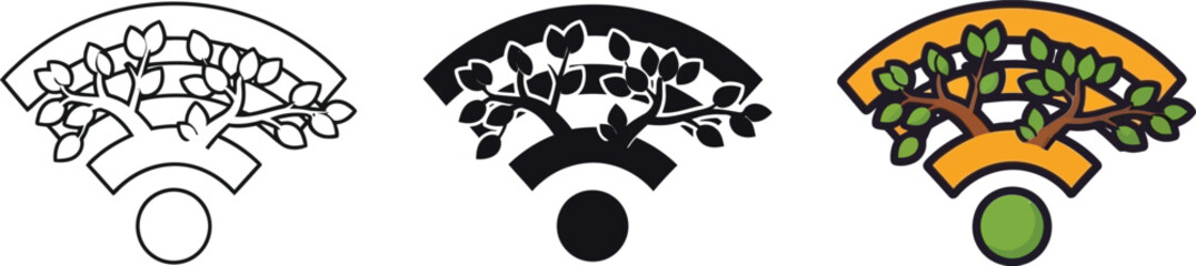 Organic connectivity: tree branches and leaves elegantly integrated into a wi-fi signal symbol isolated on white background, Vector